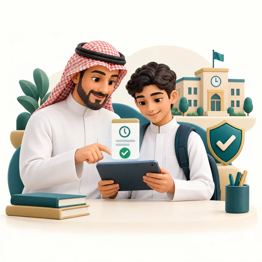 ولي أمر وطالب يراجعان طلب استئذان إلكترونيًا